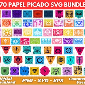 May include: A colorful digital bundle of 70 papel picado designs. The image features various rectangular and triangular banners in vibrant colors, each with intricate cut-out patterns and the text "Día de Muertos" and "Mexico". Includes PNG, SVG, and EPS formats.