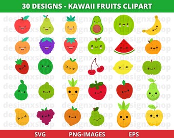 Kawaii Fruit clipart, Fruits clipart, Cute cartoon fruits bundle, Cute Fruit Clipart, Food Clipart, Summer, happy food clipart, SVG and PNG