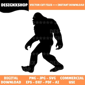 May include: A black silhouette of a Bigfoot creature walking, with a detailed outline. The image includes the text "DESIGNXSHOP" and "VECTOR CUT FILES... INSTANT DOWNLOAD". Additional text indicates digital download options and commercial use.