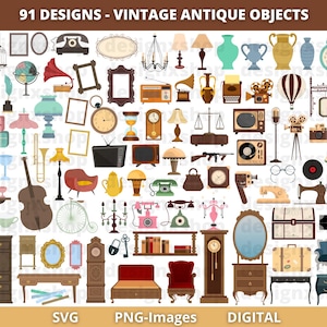 Coisas antigas Clipart, objetos antigos vintage clipart, móveis vintage, scrapbook, diário de lixo, Download instantâneo PNG e SVG