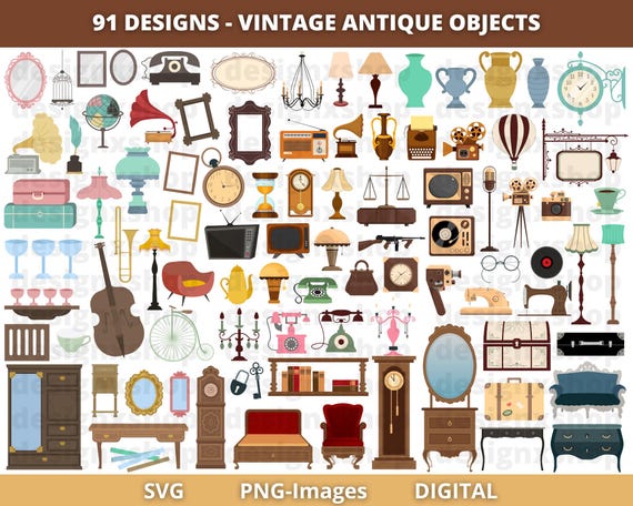 Old Things Clipart, vintage antique objects clipart, vintage furniture, scrapbook, junk journal, Instant Download PNG and SVG