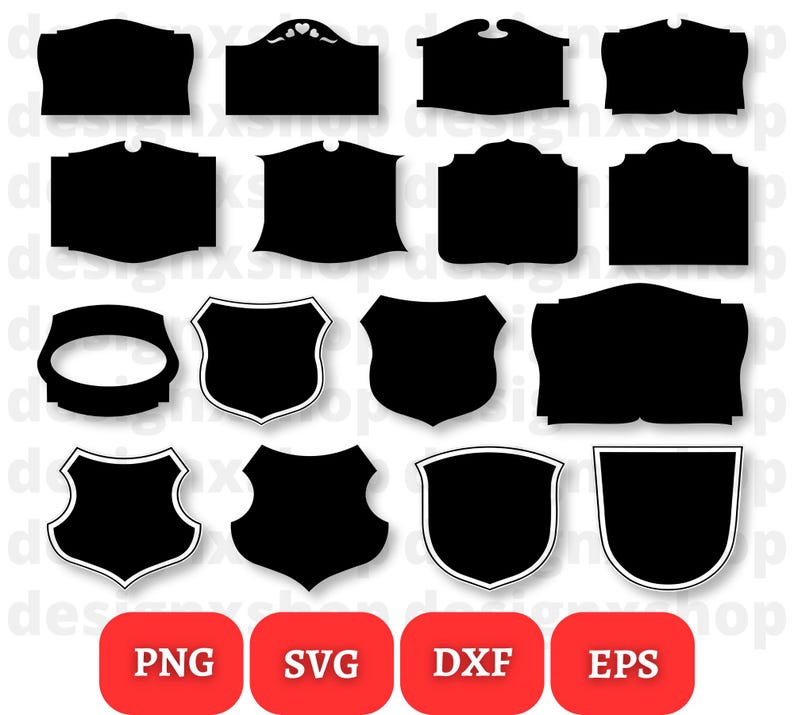 May include: A set of 15 black and white silhouette sign and shield shapes. The shapes are in various styles, including oval, rectangular, and shield-shaped. The shapes are perfect for creating custom signs, labels, and other crafts.