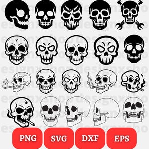 Puede incluir: Un conjunto de 18 ilustraciones de cr&aacute;neos en blanco y negro en varios estilos, incluyendo un cr&aacute;neo con huesos cruzados, un cr&aacute;neo con un cigarrillo y un cr&aacute;neo de perfil. Las ilustraciones son adecuadas para su uso en proyectos de dise&ntilde;o digital.