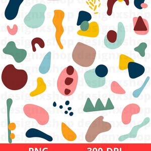 May include: A digital paper pack with abstract shapes in various colors, including red, blue, green, yellow, and pink. The shapes are organic and free-flowing, creating a modern and playful design.
