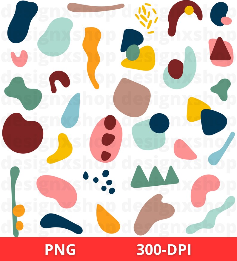 May include: A digital paper pack with abstract shapes in various colors, including red, blue, green, yellow, and pink. The shapes are organic and free-flowing, creating a modern and playful design.
