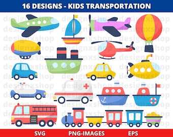 Kids Cartoon Vehicle Clipart: Transportation PNG, SVG, EPS (Digital Download)