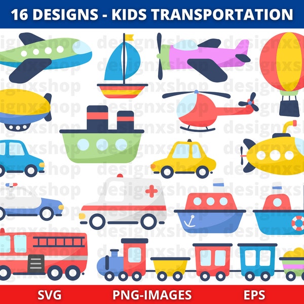 Kids Transportation Clipart, Transportation clipart, Kids Vehicle Clipart, Cartoon Transport Clipart, Vehicles SVG and PNG, Digital Download