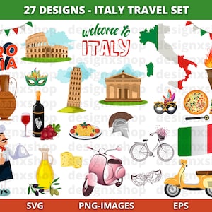 ITALI clipart, Rome clipart, reizen clipart, Italiaanse clipart, Welcome to Italy, Pisa tower, Colosseum, Carnaval van Venetië, download SVG en png