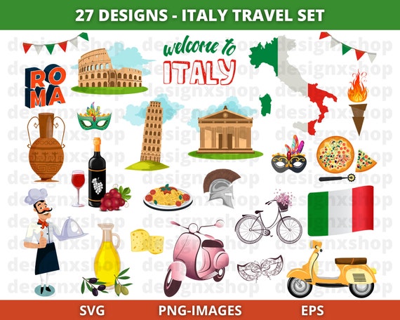 ITALY clipart, Rome clipart, travel clipart, Italian clipart, Welcome to Italy, Pisa tower, Colosseum, Venice carnival, download SVG and PNG