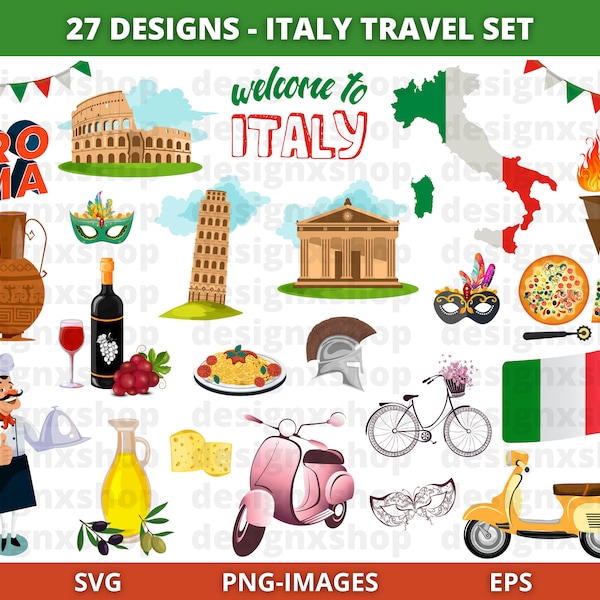 ITALIË clipart, Rome clipart, reizen clipart, Italiaanse clipart, Welkom in Italië, toren van Pisa, Colosseum, Carnaval van Venetië, download SVG en PNG