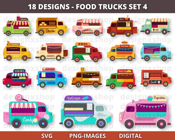 Food truck clipart, food trucks, donut, burger, ice cream, hotdog, cocktail van clipart, food vans, food clipart, SVG PNG