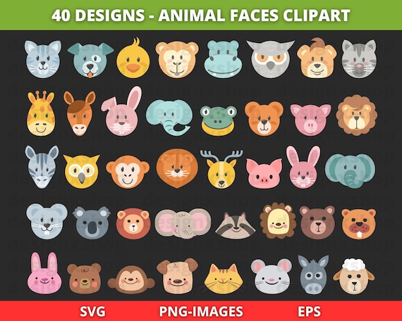 Animal face clipart, Animal face svg, Animal clipart, Baby animal clipart, Nursery animal clipart, Cute animal svg, Download SVG and PNG