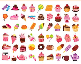 58 Sweet Clipart, Dessert SVG Bundle, Cute Cupcake, Cake, Ice Cream, Donut, Candy, Cookie Clipart for Cricut, Sublimation PNG Stickers