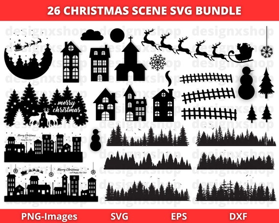 Winter Christmas Scene SVG, Winter Scene SVG, Christmas Village SVG, Christmas Svg, Reindeer svg, Christmas scene, Silhouette Cut files