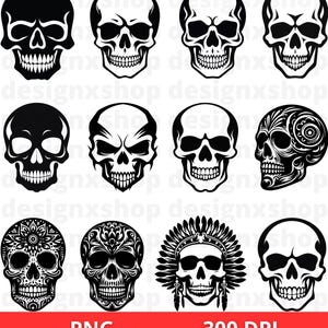 Puede incluir: Conjunto de diez ilustraciones de calaveras en blanco y negro. Las calaveras son de varios estilos, incluyendo tradicional, calavera de az&uacute;car y nativo americano. Las ilustraciones son perfectas para usar en proyectos digitales o para imprimir.