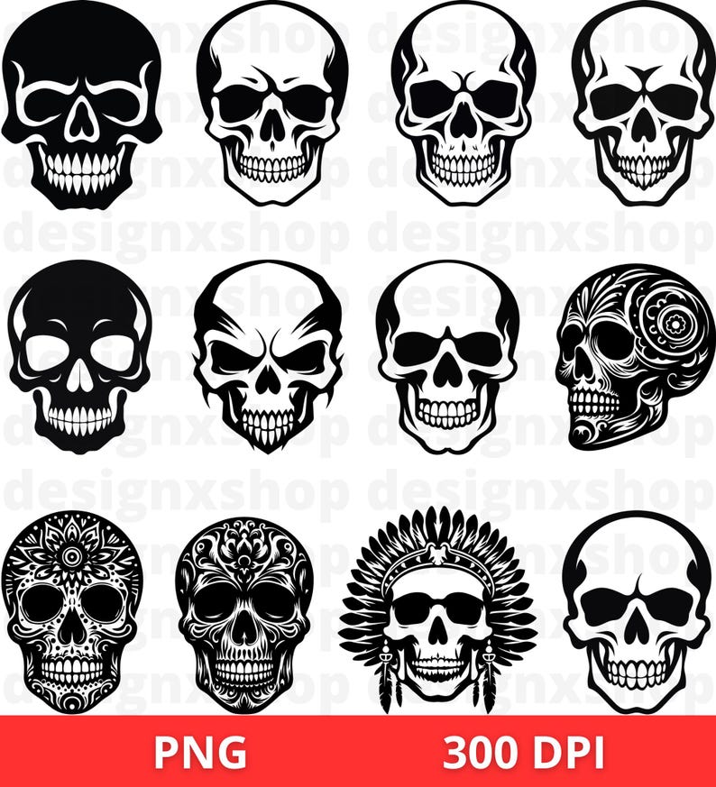 Puede incluir: Conjunto de diez ilustraciones de calaveras en blanco y negro. Las calaveras son de varios estilos, incluyendo tradicional, calavera de az&uacute;car y nativo americano. Las ilustraciones son perfectas para usar en proyectos digitales o para imprimir.