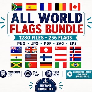 Puede incluir: Un paquete gráfico digital con banderas de todo el mundo. El texto "ALL WORLD FLAGS BUNDLE" se muestra de forma destacada, junto con el número de archivos y banderas incluidos. La imagen también incluye iconos para uso comercial y descarga instantánea.