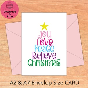 Tarjeta navideña imprimible: Alegría, amor, paz, fe y Navidad. Tarjeta navideña con árbol de Navidad y palabras. Descarga instantánea.