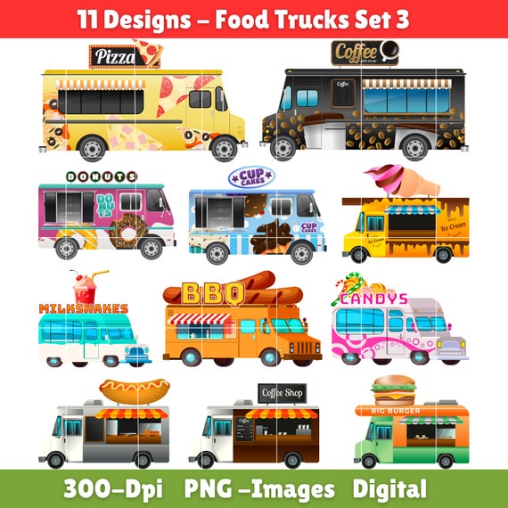 Food truck clipart, food trucks, donut, burger, ice cream, hotdog, pizza, coffee, bbq, candies, van clipart, food vans, food clipart, PNG