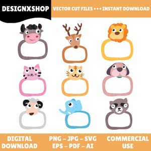 May include: A collection of nine colorful animal-themed digital cut files. Each design features a different animal head, including a cow, deer, lion, cat, dog, sheep, elephant, and raccoon, with a blank rectangular space below. The image includes the text "DESIGNXSHOP" and "VECTOR CUT FILES... INSTANT DOWNLOAD".