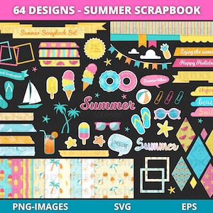 Summer Digital Scrapbook Kit, Summer Clipart, Digital summer papers, Summer scrapbook elements, Summer digital patterns, SVG and PNG