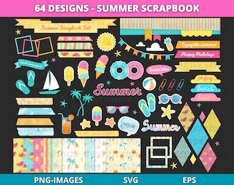 Zomerse clipartset: strandplakboekset (74 elementen) (digitale download)