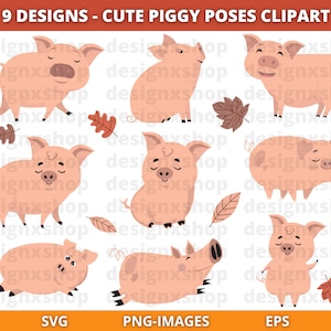 Imágenes prediseñadas de poses de cerdito lindo, imágenes prediseñadas de cerdo, cerditos lindos, imágenes prediseñadas de cerdo kawaii, imágenes prediseñadas de animales, descarga instantánea SVG, PNG, JPG, Eps, Ai, Dxf