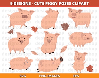 Cute Little piggy poses clipart, Pig Clipart, Cute Piglets, Kawaii Pig Clipart, Animal Clipart, Instant Download SVG, PNG, JPG, Eps, Ai, Dxf
