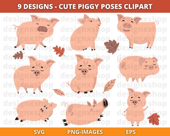 Cute Little piggy poses clipart, Pig Clipart, Cute Piglets, Kawaii Pig Clipart, Animal Clipart, Instant Download SVG, PNG, JPG, Eps, Ai, Dxf