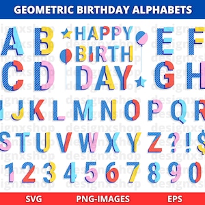 Alfabeto de cumpleaños Clipart, Cumpleaños clipart, alfabeto clipart, letras clipart, Fuente geométrica, Números y símbolos, Descargar SVG y PNG