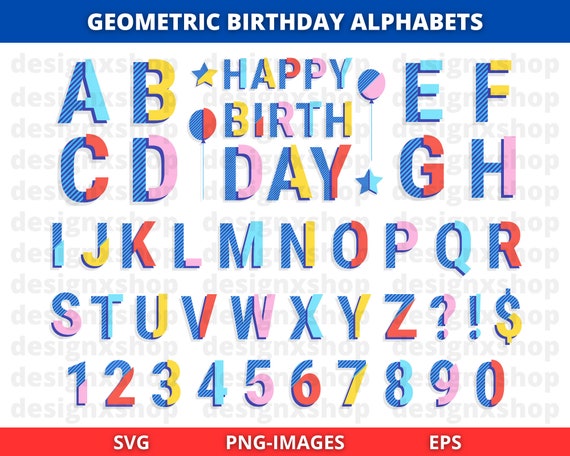 Birthday Alphabet Clipart, Birthday clipart, alphabet clipart, letters clipart, Geometric Font, Numbers and Symbols, Download SVG and PNG