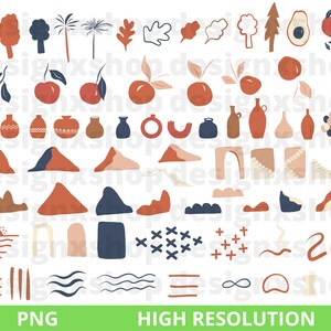 May include: A set of 60 digital illustrations in a boho style with a color palette of terracotta, peach, blue, and green. The illustrations include mountains, trees, plants, pots, and abstract shapes.