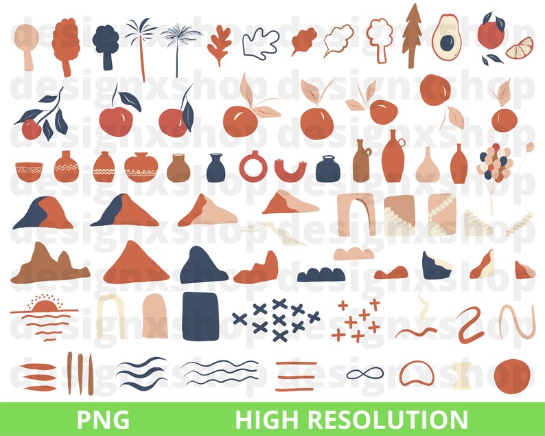 May include: A set of 60 digital illustrations in a boho style with a color palette of terracotta, peach, blue, and green. The illustrations include mountains, trees, plants, pots, and abstract shapes.