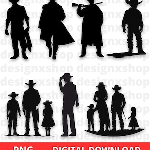 Op de afbeelding: Een set van acht zwarte silhouetbeelden van cowboys en cowgirls. De afbeeldingen bevatten een cowboy met een geweer, een cowboy met een lasso, een cowboy met een hoed, een cowgirl met een hoed, een familie van cowboys en een familie van cowgirls.
