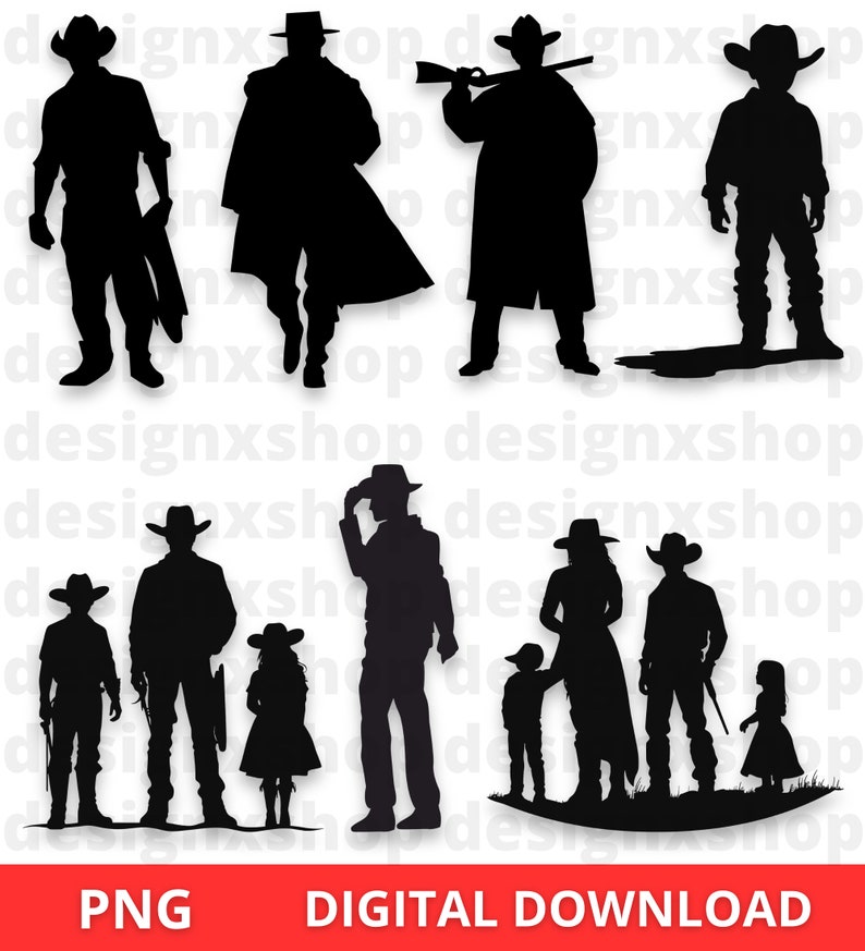 Op de afbeelding: Een set van acht zwarte silhouetbeelden van cowboys en cowgirls. De afbeeldingen bevatten een cowboy met een geweer, een cowboy met een lasso, een cowboy met een hoed, een cowgirl met een hoed, een familie van cowboys en een familie van cowgirls.