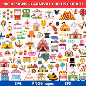 Zirkus SVG Bundle, Zirkus Clipart, Karneval Clipart, Zirkus druckbar, Vergnügungspark, Tiere, Joker, Zirkuszelt Clipart, Zirkus-Set