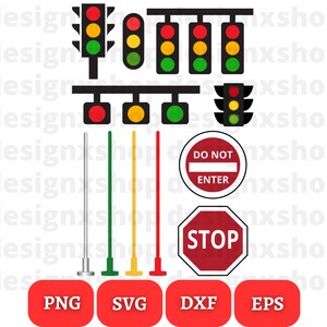 May include: A set of traffic light and road sign SVG cut files. The set includes a red, yellow, and green traffic light, a do not enter sign, a stop sign, and four traffic light poles. The files are available in PNG, SVG, DXF, and EPS formats.