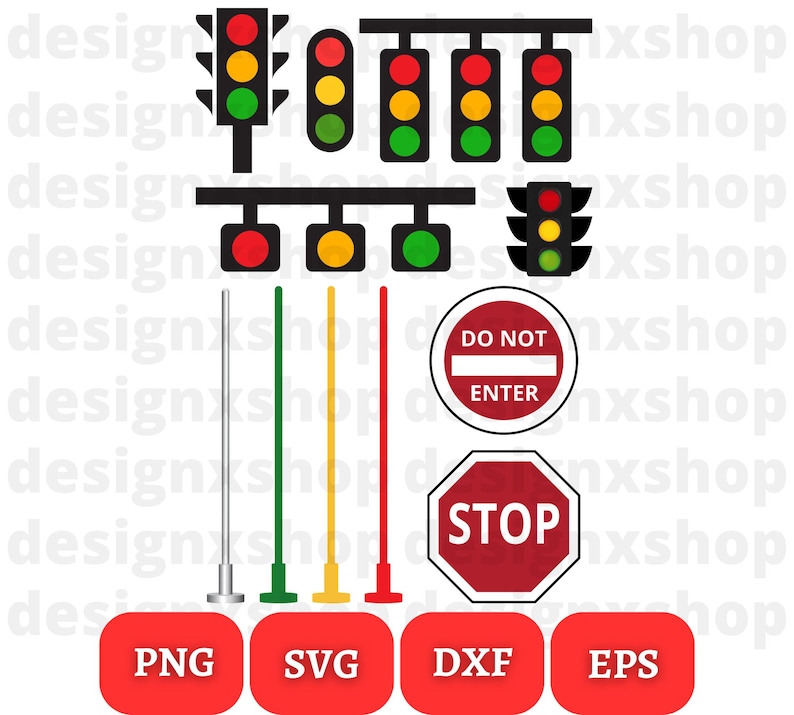 May include: A set of traffic light and road sign SVG cut files. The set includes a red, yellow, and green traffic light, a do not enter sign, a stop sign, and four traffic light poles. The files are available in PNG, SVG, DXF, and EPS formats.