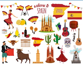 Pack SVG Voyage Espagne | SVG espagnol, clipart Espagne, flamenco, Sagrada Familia, taureau, guitare, drapeau (PNG/EPS) pour Cricut et Silhouette