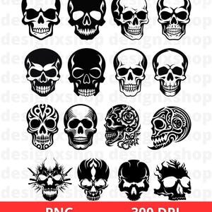 Puede incluir: Conjunto de 12 ilustraciones de calaveras en blanco y negro. Las calaveras son de varios estilos, incluyendo simples, tribales y florales. Las calaveras est&aacute;n todas en formato PNG de alta resoluci&oacute;n.
