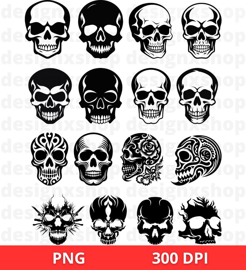 Puede incluir: Conjunto de 12 ilustraciones de calaveras en blanco y negro. Las calaveras son de varios estilos, incluyendo simples, tribales y florales. Las calaveras est&aacute;n todas en formato PNG de alta resoluci&oacute;n.
