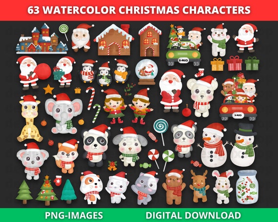 Christmas Characters Clipart , watercolor Christmas clipart, Christmas Animal clipart, Holiday Clipart, Christmas clipart, Santa Claus