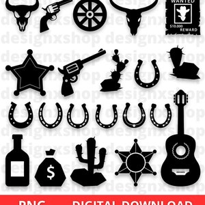 Op de afbeelding: Een set van 14 zwart-witte digitale clipart-afbeeldingen met een western-thema. De afbeeldingen omvatten een cowboyhoed, een schedel, een pistool, een wagenwiel, een cactus, een hoefijzer, een sheriffsster, een fles drank, een geldzak, een gitaar en een gezocht-poster.