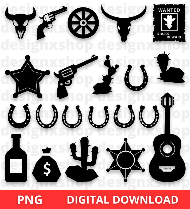 Op de afbeelding: Een set van 14 zwart-witte digitale clipart-afbeeldingen met een western-thema. De afbeeldingen omvatten een cowboyhoed, een schedel, een pistool, een wagenwiel, een cactus, een hoefijzer, een sheriffsster, een fles drank, een geldzak, een gitaar en een gezocht-poster.