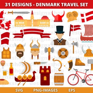 Dänemark Clipart, Dänisch Clipart, Reise Clipart, Land Clipart, Dänemark Flagge, Karte, Wahrzeichen, Europa Clipart, Instant Download