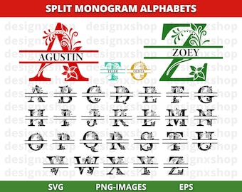 Floral Monogram SVG Bundle, Split Monogram, Last Name Svg, Initial Monogram, Flourish Alphabet Clipart, Split Letter Cut Files Png/Eps/Dxf