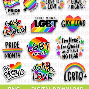 May include: A collection of twelve colorful digital stickers featuring rainbow pride themes, including text such as PRIDE MONTH, LOVE IS LOVE, EQUAL RIGHTS, GAY LESBIAN, LGBT, GAY LOVE, LGBT POWER, I'm Here, I'm Queer and have NO FEAR, BE PROUD, and LGBTQ+.