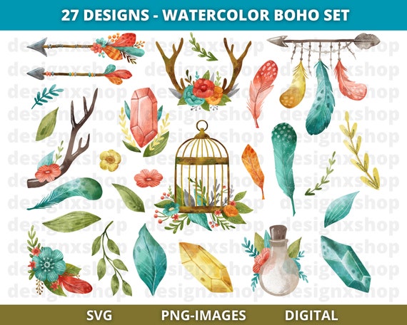 Watercolor boho floral clipart, Watercolor clipart, Boho Clipart, Garden clipart, Floral clipart, Instant Download SVG and PNG