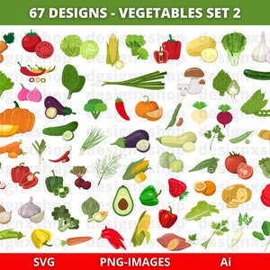Imágenes prediseñadas de verduras, imágenes prediseñadas de verduras, paquete SVG de verduras, verduras planas, imágenes prediseñadas de alimentos, descarga instantánea de SVG y PNG