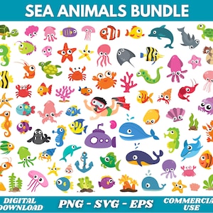 May include: A vibrant digital illustration labelled "SEA ANIMALS BUNDLE" showcasing cartoon sea creatures such as fish, crabs, jellyfish, and a diver. The image includes the text "DIGITAL DOWNLOAD PNG - SVG - EPS COMMERCIAL USE".